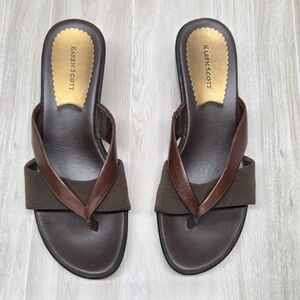 Karen Scott Brown Leather Toe Post Wedge Sandal Heels Shoes 'Sinclair' Sz 8M